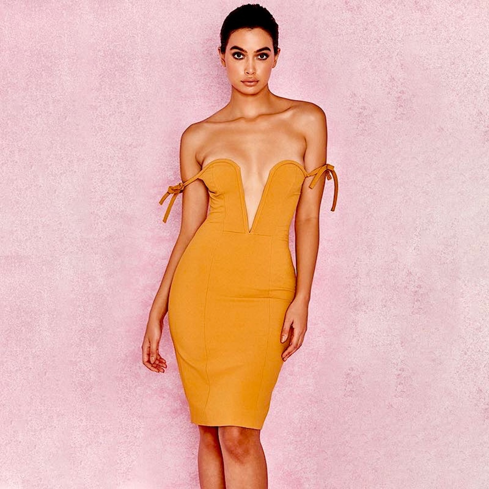 House of CB Mustard Yellow Strapless Plunge Midi Dress